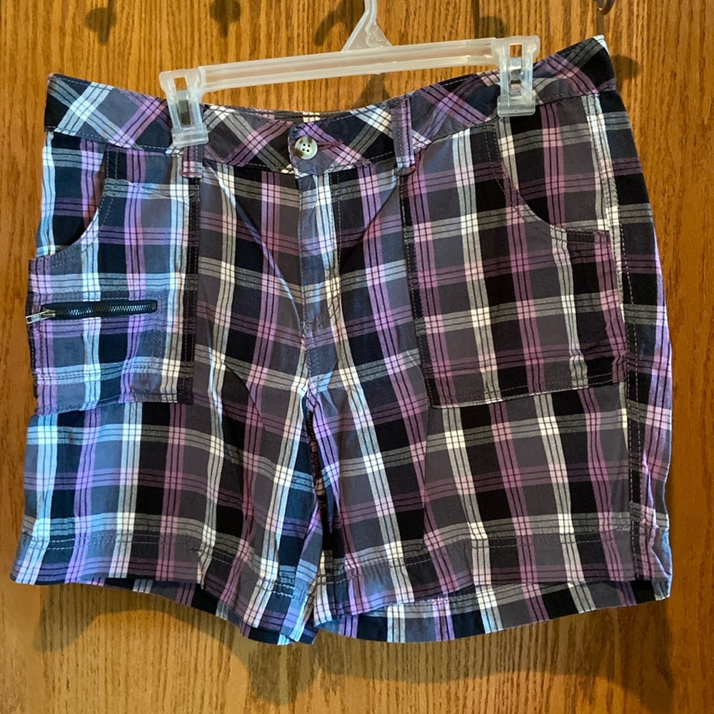 Faded Glory shorts, size 12, purple, black, white plaid.
